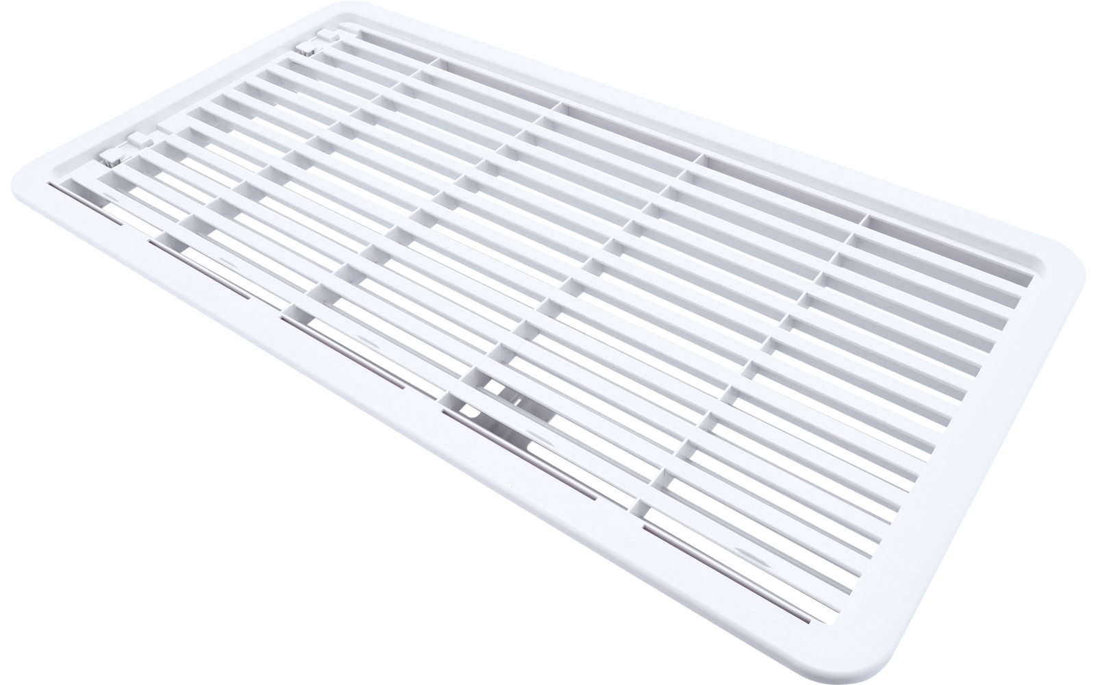 Weiße, rechteckige Abdeckung mit mehreren schmalen horizontalen Schlitzen, leicht perspektivisch auf weißem Hintergrund