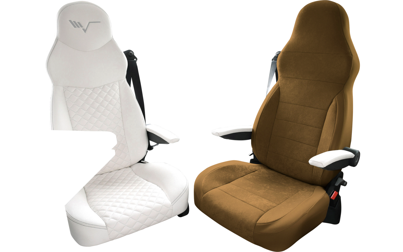 Deux sièges de conducteur dans un véhicule, un siège blanc et un siège marron, entourés d'accoudoirs et d'une table