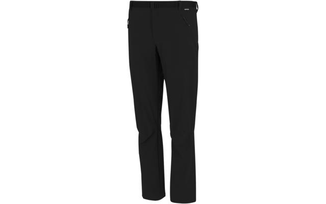 Schwarze lange Hose mit geradem Bein, sichtbaren Gürtelschlaufen und rechter Eingrifftasche mit Reißverschluss vor weißem Hintergrund