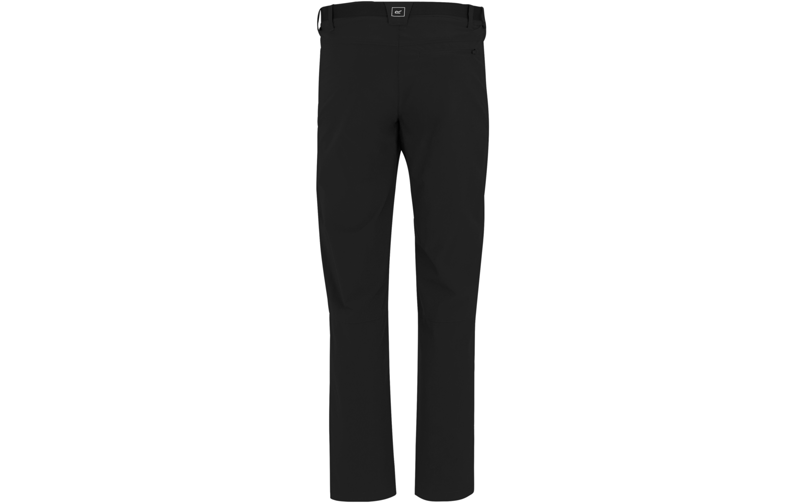 Schwarze lange Hose, gerader Schnitt, Bund mit Gürtelschlaufen, auf weißem Hintergrund