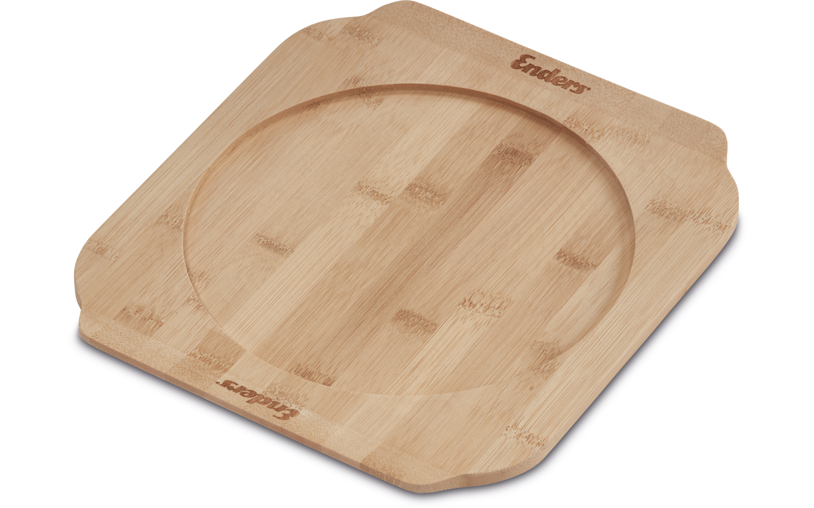 Quadratische Bambusplatte mit rund eingelassener Mulde und eingraviertem Schriftzug 'Enders'