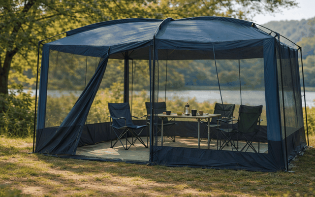Donkerblauw gaaspaviljoen bij een meer, met een inklapbare tafel met flessen en vier campingstoelen; gras op de voorgrond, bomen op de achtergrond