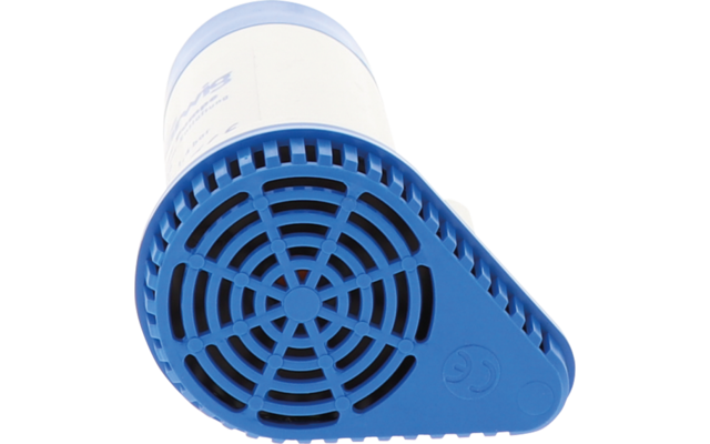 Weißer zylindrischer Behälter mit blauem Kunststoffende, rundem Gitter und dreieckiger Lasche mit eingeprägtem 'CE'-Zeichen