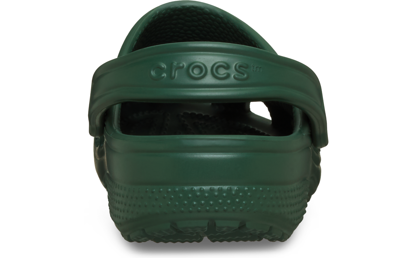 Grüner Crocs-Clog, Rückansicht, mit Fersenriemen und geprägtem Schriftzug 'crocs'