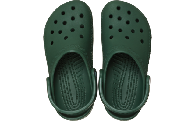 Paar grüner Clogs, Draufsicht, Belüftungsöffnungen vorne und profilierte Innensohlen