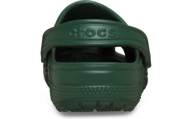 Grüner Crocs-Clog, Rückansicht, mit Fersenriemen und geprägtem Schriftzug 'crocs'