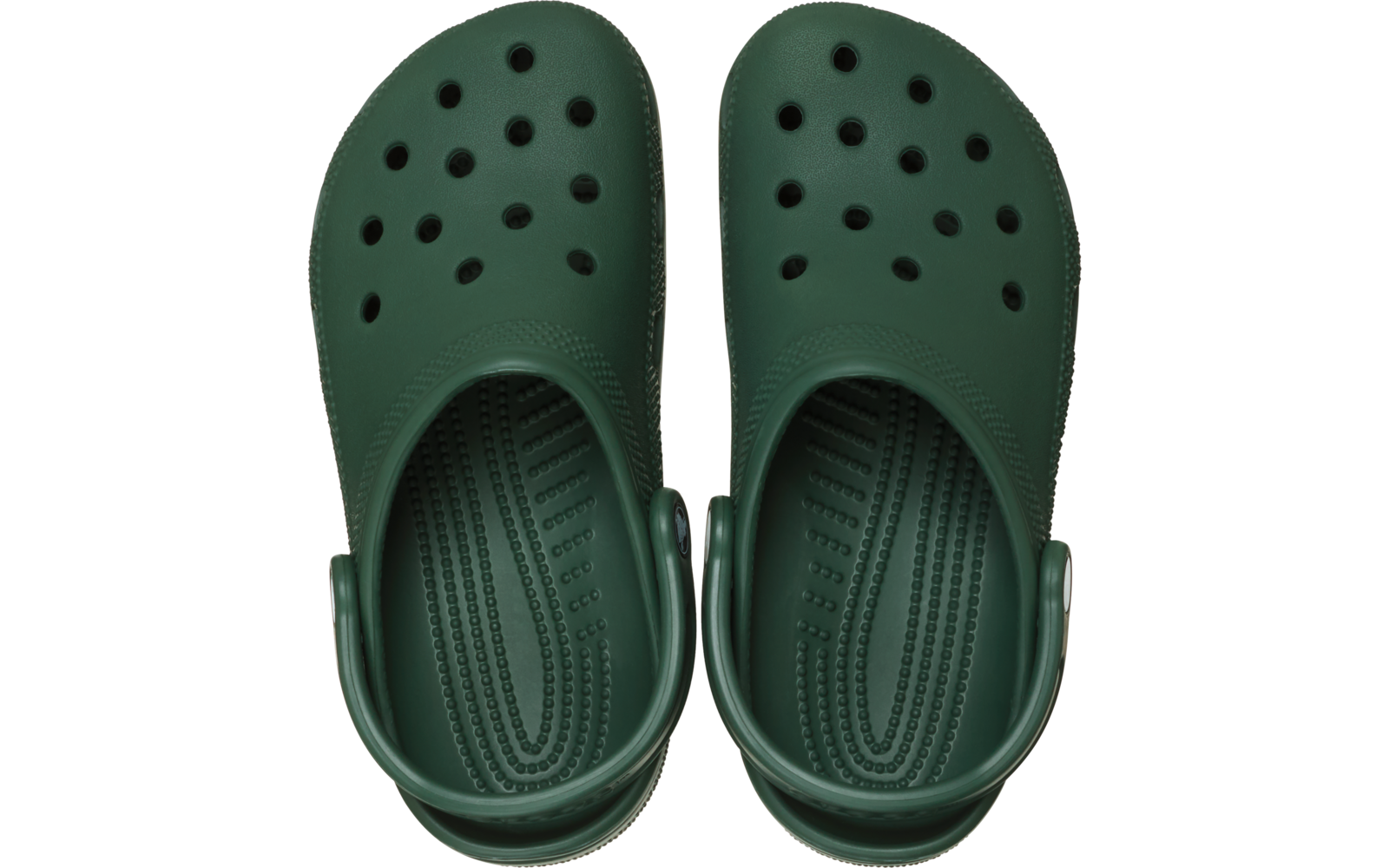 Paar grüner Clogs, Draufsicht, Belüftungsöffnungen vorne und profilierte Innensohlen