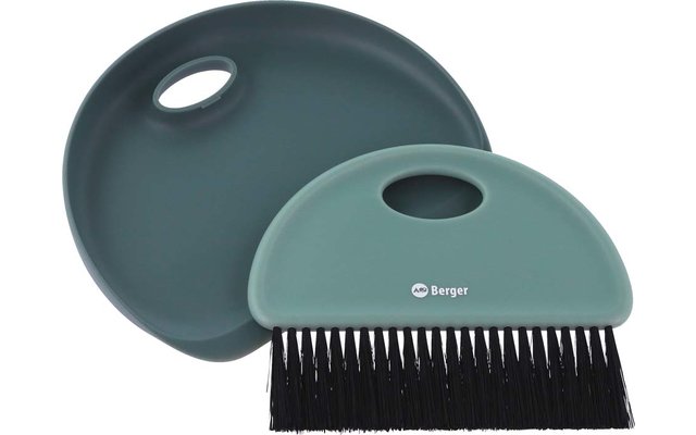 Brosse à main semi-circulaire avec poils noirs et pelle ronde assortie de couleur vert foncé ; logo 'Berger' sur la brosse