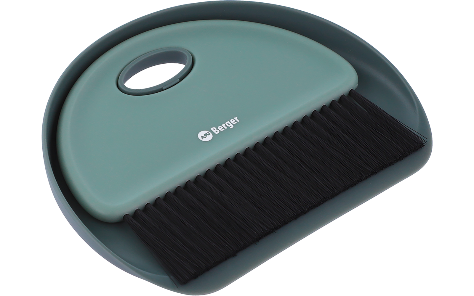 Petit balai et pelle à poussière vert menthe, poils noirs, logo Berger, la brosse est posée dans la pelle