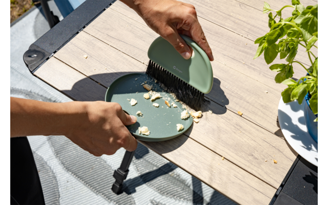 Deux mains balaient des miettes avec une petite brosse dans une coupelle sur une table en bois claire ; plante en pot à droite