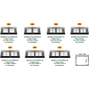 Meerdere kleine schematische tekeningen in een raster; boven elke tekening een oranje ovaal met 'NEW'; onder de tekeningen tekstregels met modelnamen en afmetingen; rechtsonder een schematische bovenaanzicht met pijlen en de aanduiding '5700 - 7200'