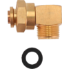 Gold-colored right-angle metal fitting with external threads and a separate black rubber washer on a white background