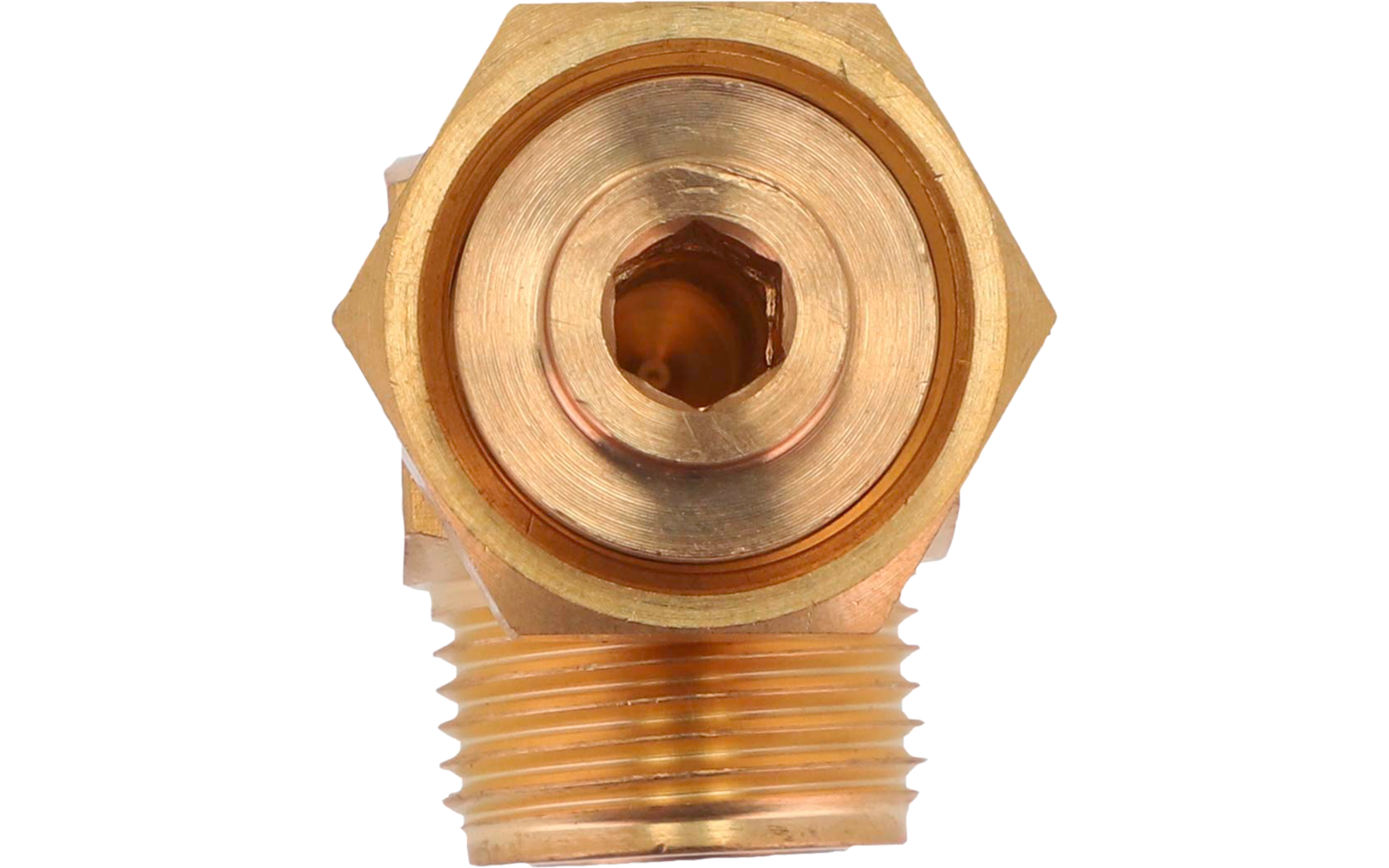 Brass threaded fitting with hexagonal head, below it a separate black rubber gasket