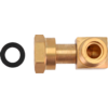 Brass L-shaped metal fitting with a hexagonal nut on one end and a black rubber ring to the left