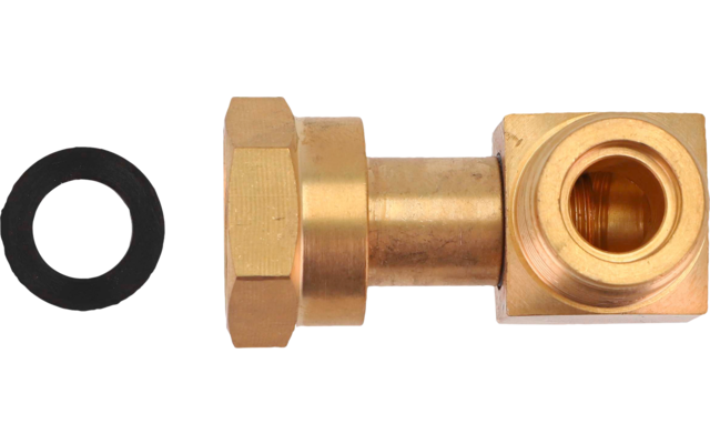 Brass L-shaped metal fitting with a hexagonal nut on one end and a black rubber ring to the left