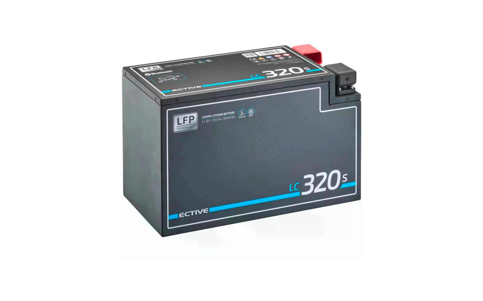 Rechteckige schwarze Batterie mit blauen und weißen Schriftzügen auf weißem Hintergrund