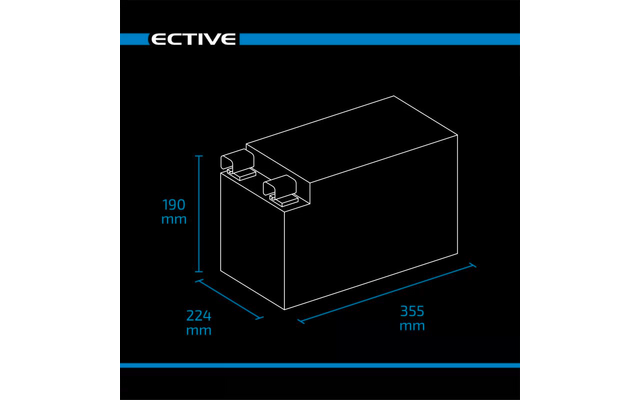 Technisches Diagramm einer rechteckigen Batterie mit Maßen 190 mm Höhe, 223 mm Breite, 355 mm Länge