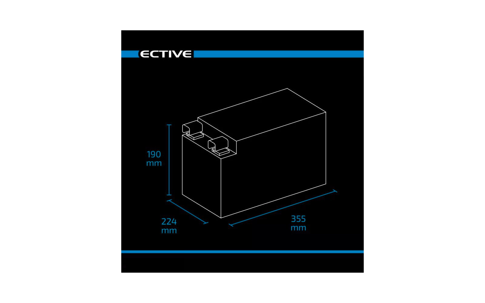 Technisches Diagramm einer rechteckigen Batterie mit Maßen 190 mm Höhe, 223 mm Breite, 355 mm Länge