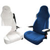 Deux sièges de véhicule, un blanc et un bleu, avec accoudoirs à l'intérieur d'un véhicule