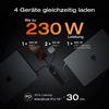Vier Geräte werden gleichzeitig über USB-Kabel geladen, Gesamtleistung 230 Watt