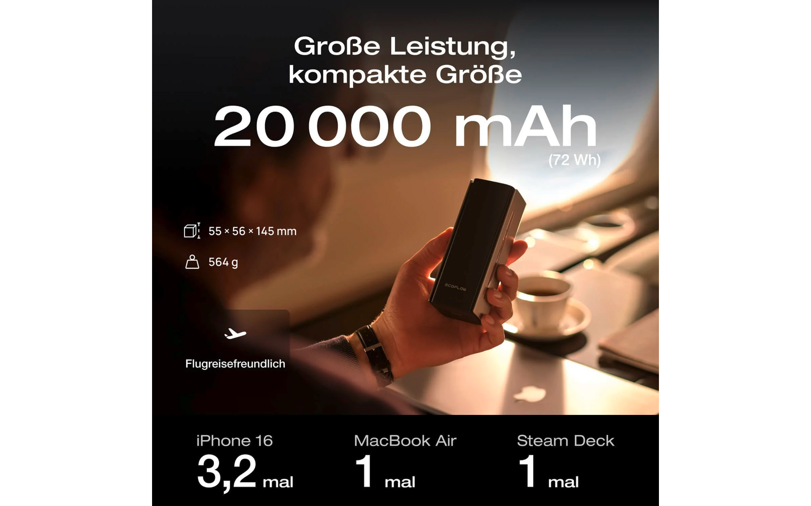 Hand hält eine Powerbank neben einer Tasse auf einem Tisch, Text zeigt 20000 mAh Kapazität