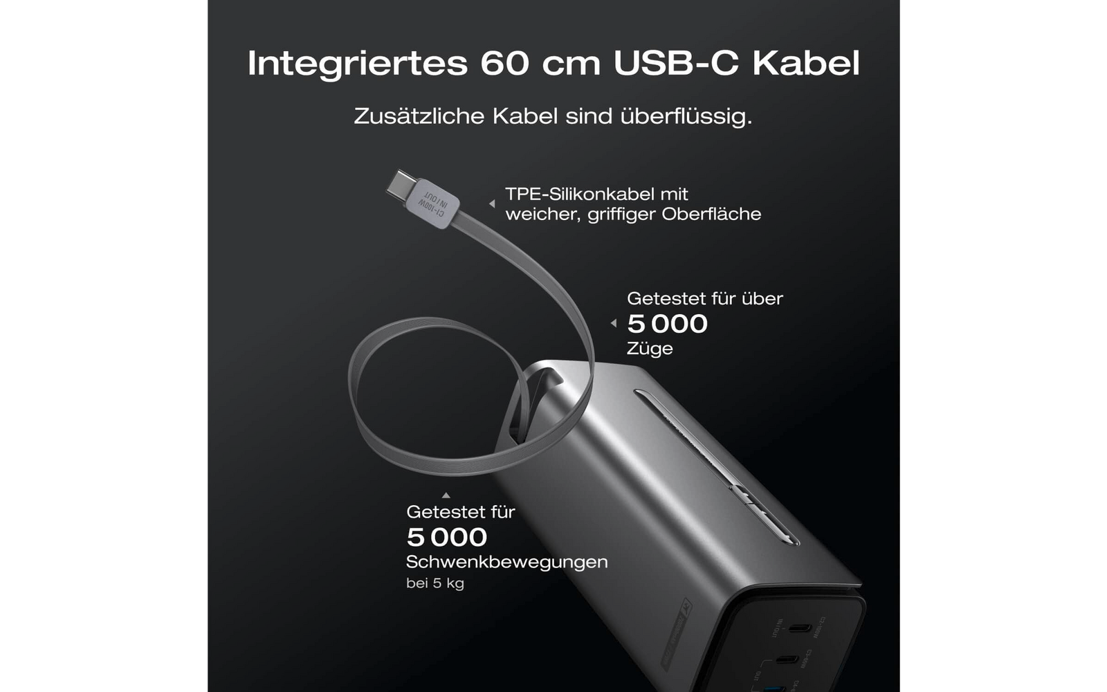 Schnellladegerät mit integriertem 60 cm USB-C Kabel und Power Delivery bis 100 Watt