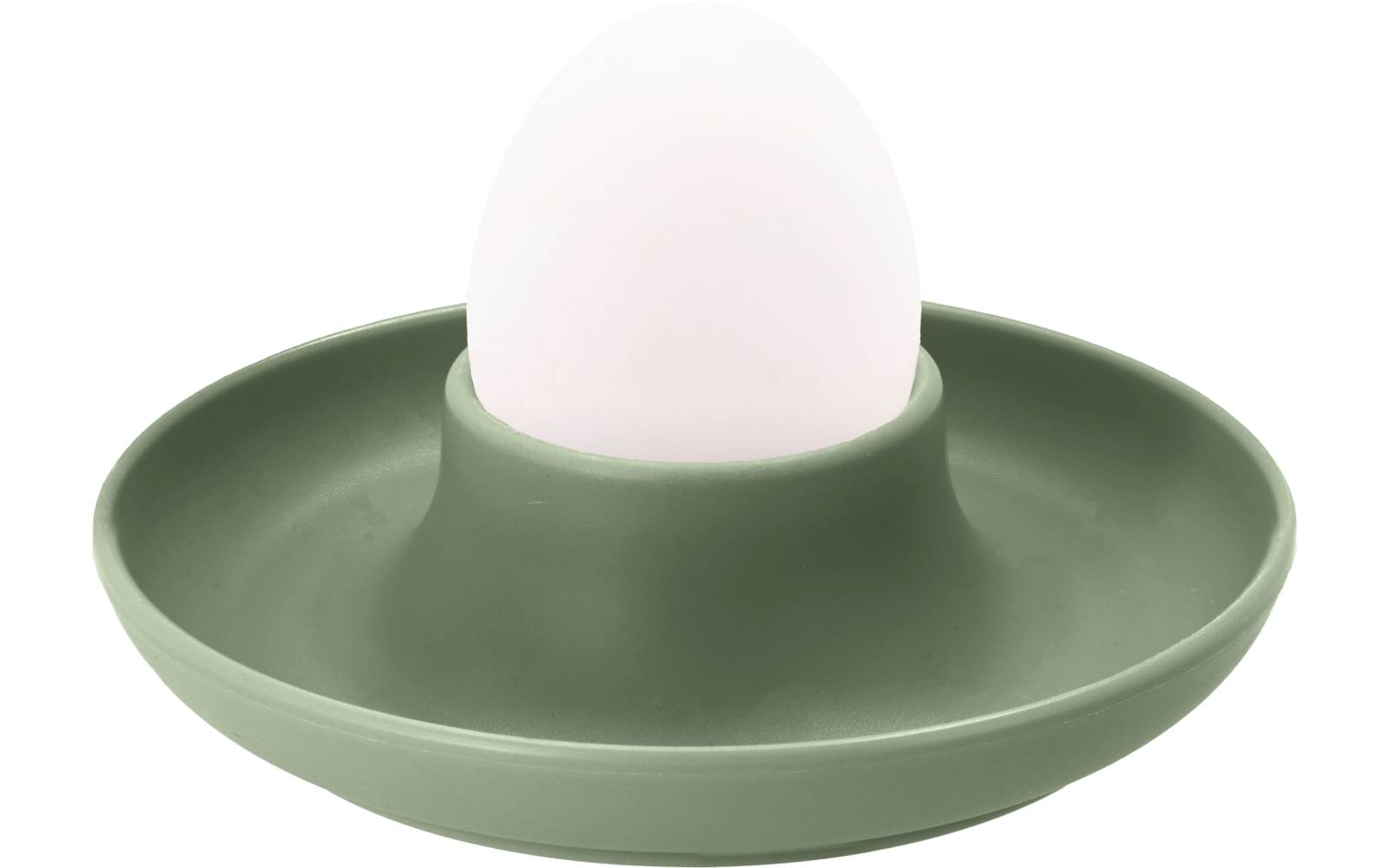 weißes Ei in grünem Eierbecher auf weißem Hintergrund