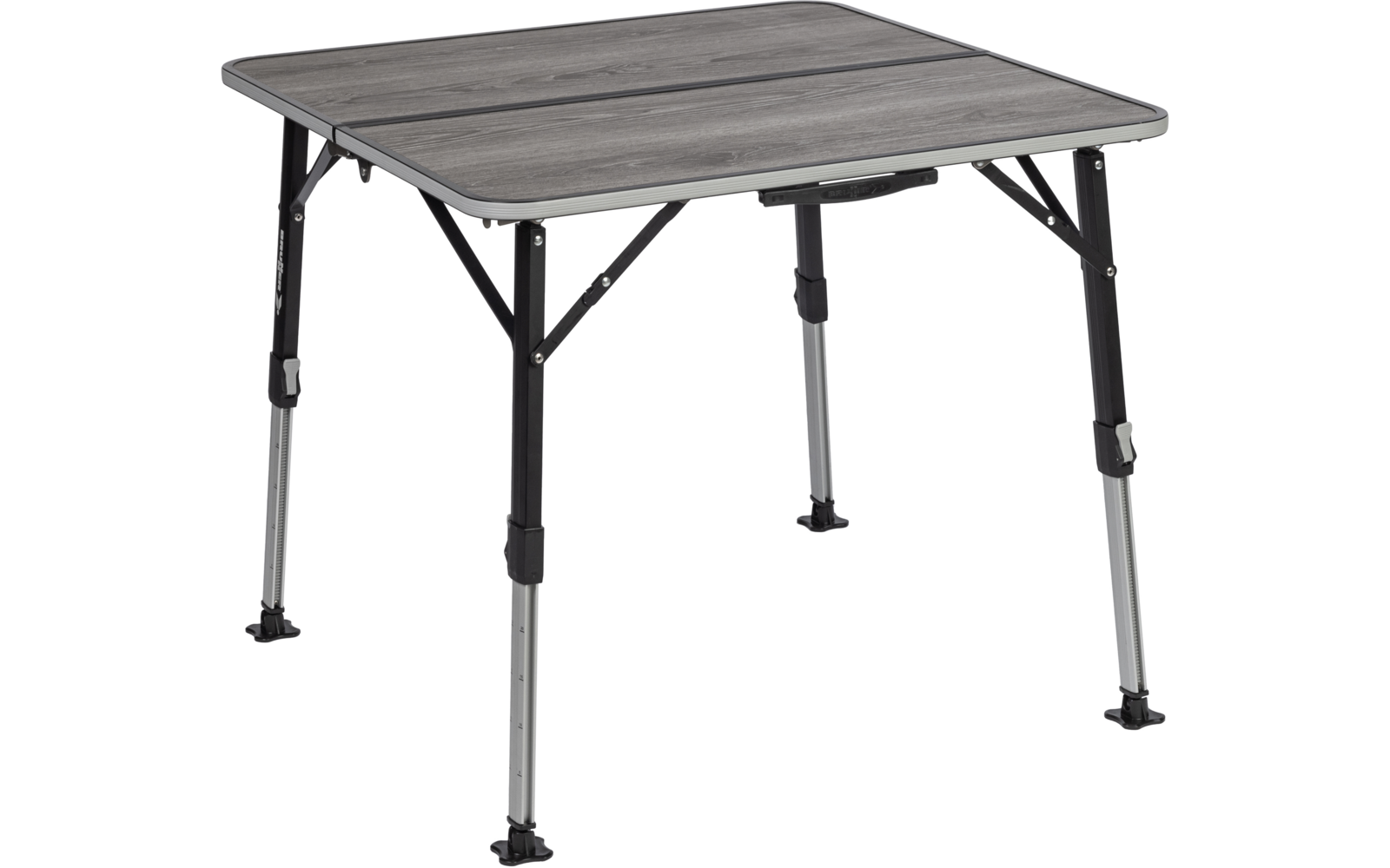 Quadratischer Tisch mit grauem Holzoptik-Plattenblatt, schwarzem Metallrahmen und vier silbernen, in Segmenten ausgeführten Beinen mit schwarzen Fußkappen