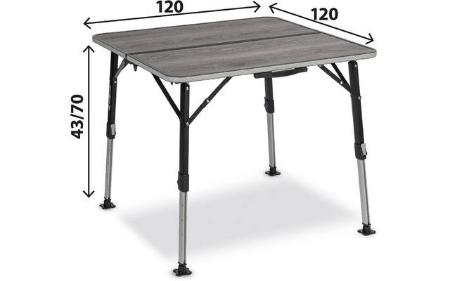 Quadratischer Tisch mit hellgrauer Holzdekor-Tischplatte, vier Metallbeine in Silber und Schwarz mit sichtbaren Löchern und runden Kunststofffüßen, Verstrebungen unter der Platte; Maße im Bild: 120 (Platte) und 43/70 (Höhe)