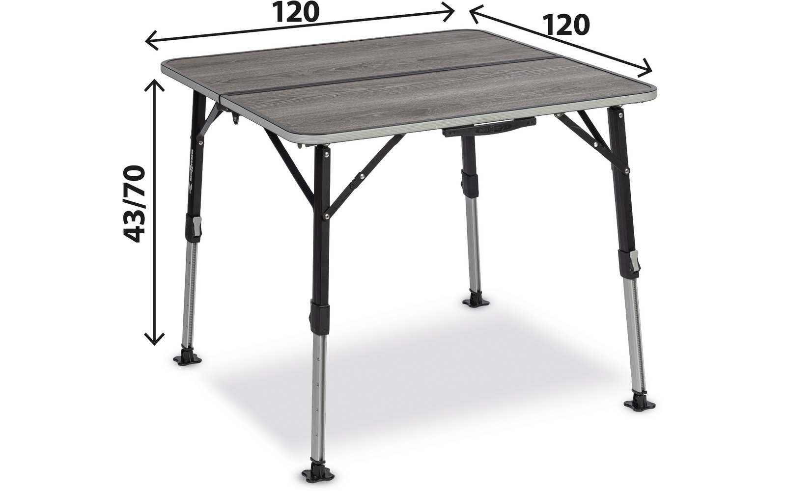 Quadratischer Tisch mit hellgrauer Holzdekor-Tischplatte, vier Metallbeine in Silber und Schwarz mit sichtbaren Löchern und runden Kunststofffüßen, Verstrebungen unter der Platte; Maße im Bild: 120 (Platte) und 43/70 (Höhe)