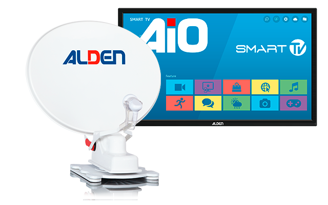 Weiße Satellitenschüssel mit 'ALDEN'-Logo und Montagefuß vor einem Flachbildfernseher mit blauem Smart-TV-Bildschirm und bunten App-Symbolen