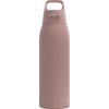 Puderrosa zylindrische Flasche mit abgerundetem Körper, schmalem Hals, oben rechteckiger Henkel mit Durchbruch, Deckel mit zwei kleinen Riegeln, matte Oberfläche