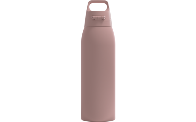 Puderrosa zylindrische Flasche mit abgerundetem Körper, schmalem Hals, oben rechteckiger Henkel mit Durchbruch, Deckel mit zwei kleinen Riegeln, matte Oberfläche