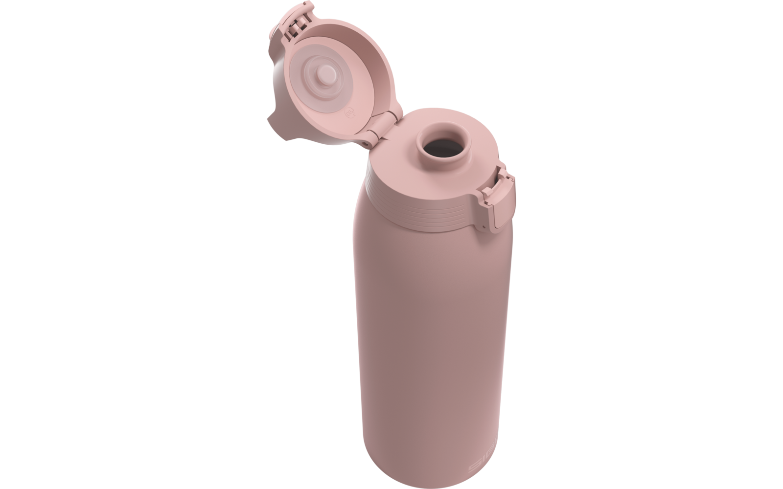 Rosa Trinkflasche, zylindrisch, aufklappbarer Deckel geöffnet, runde Trinköffnung sichtbar