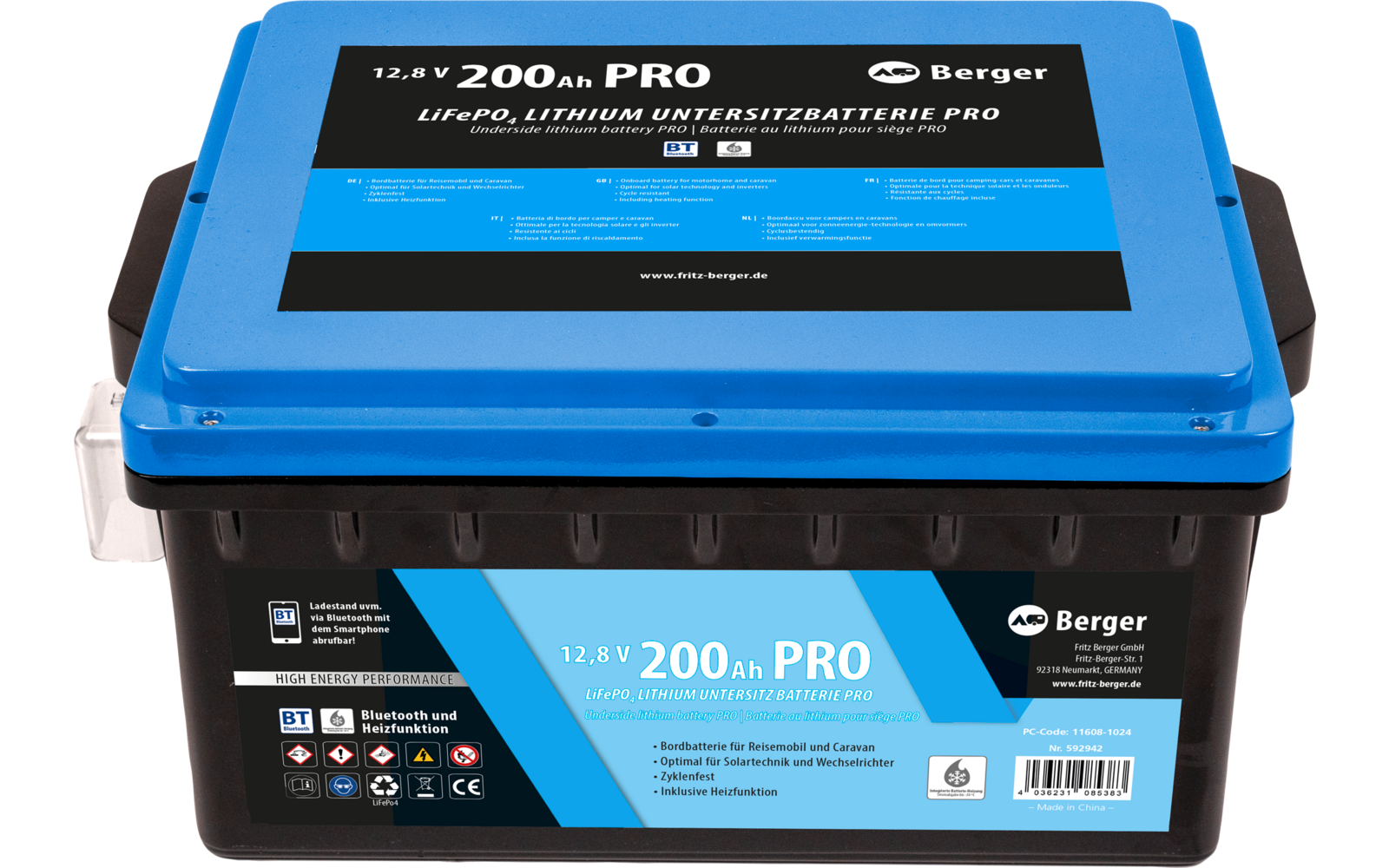 Blauwe draagbare oplader met LED-display en twee oplaadpoorten