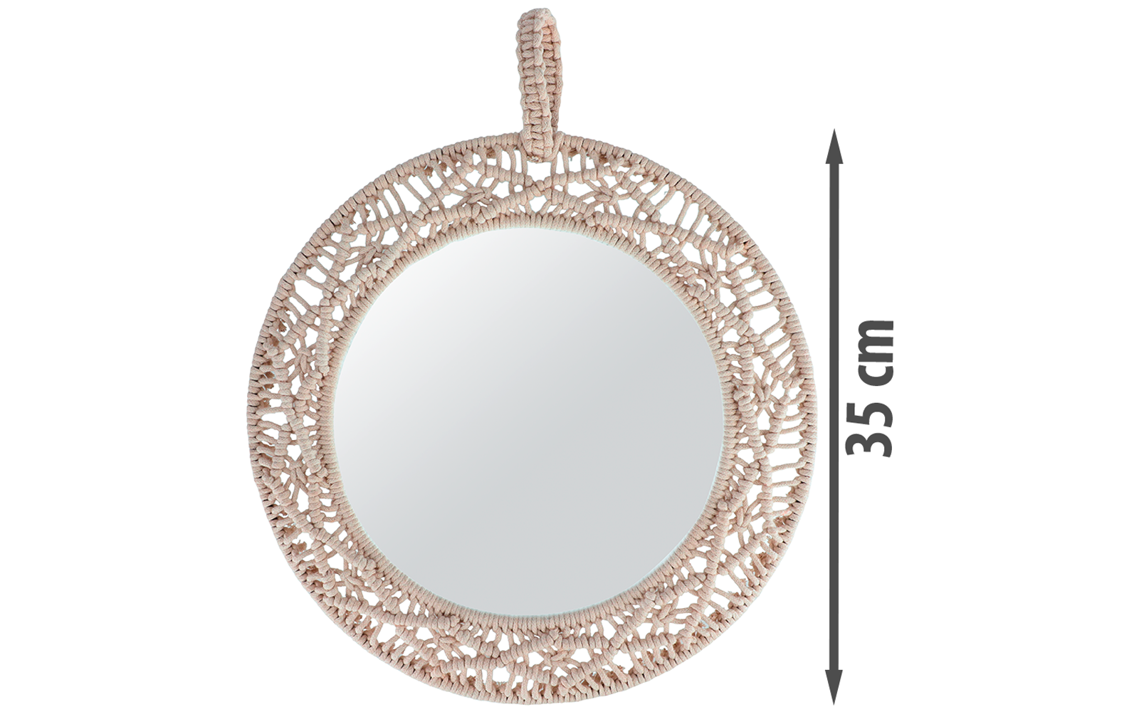 Specchio rotondo con cornice intrecciata beige e asola di sospensione in alto; a destra freccia verticale con '35 cm' su sfondo bianco