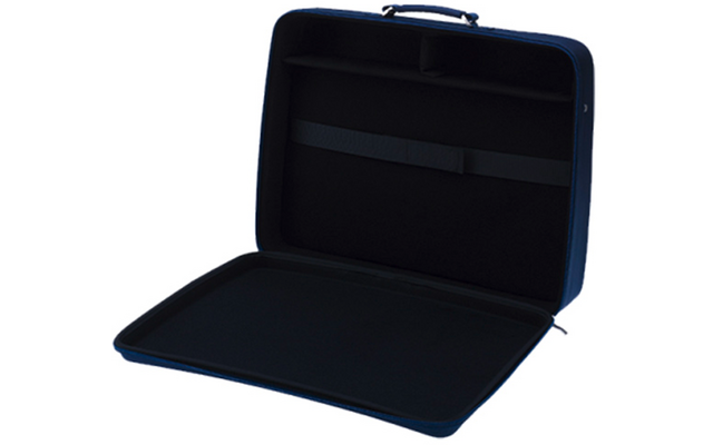 Offener dunkelblauer Hartschalenkoffer mit schwarzer gepolsterter Innenseite, Tragegriff, Reißverschluss und innenliegendem Riemen