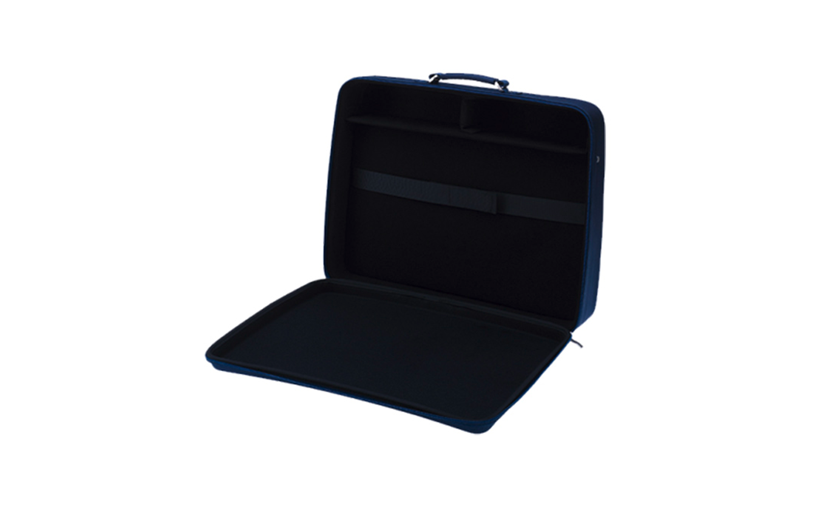 Offener dunkelblauer Hartschalenkoffer mit schwarzer gepolsterter Innenseite, Tragegriff, Reißverschluss und innenliegendem Riemen