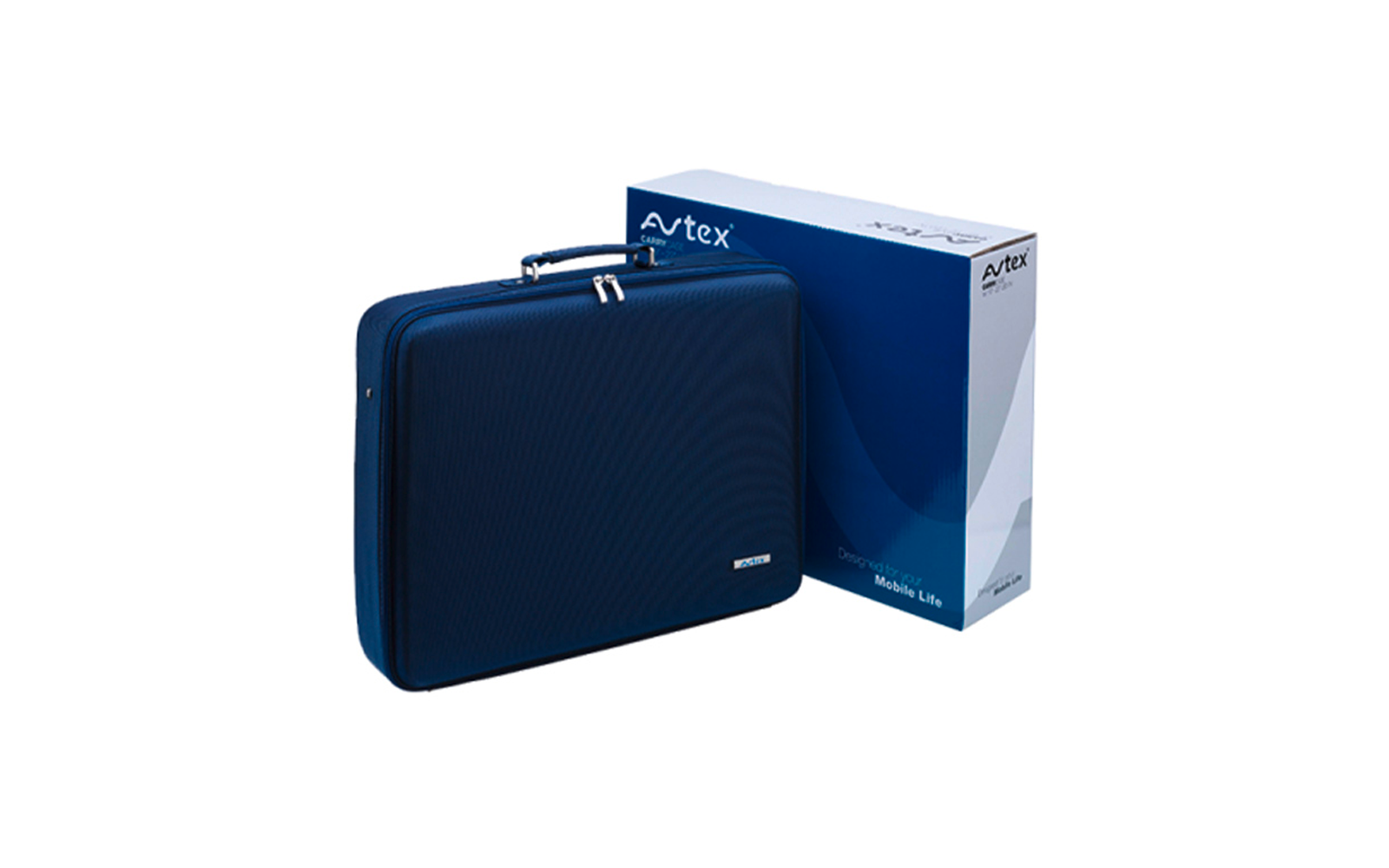 Dunkelblaues rechteckiges Etui mit Reißverschluss und Tragegriff; daneben eine blau-weiße Verpackungsbox mit Markenaufdruck