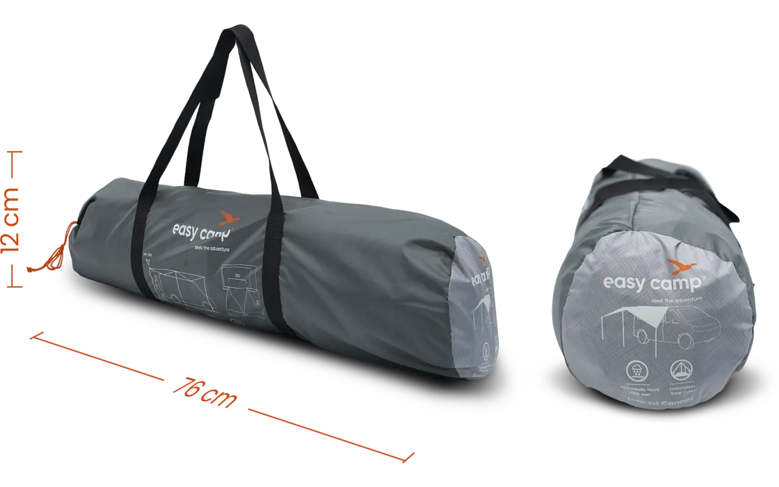 Graue Tragetasche mit schwarzen Griffen, Maße 70 x 20 cm, eine Tasche liegt flach, eine steht aufrecht