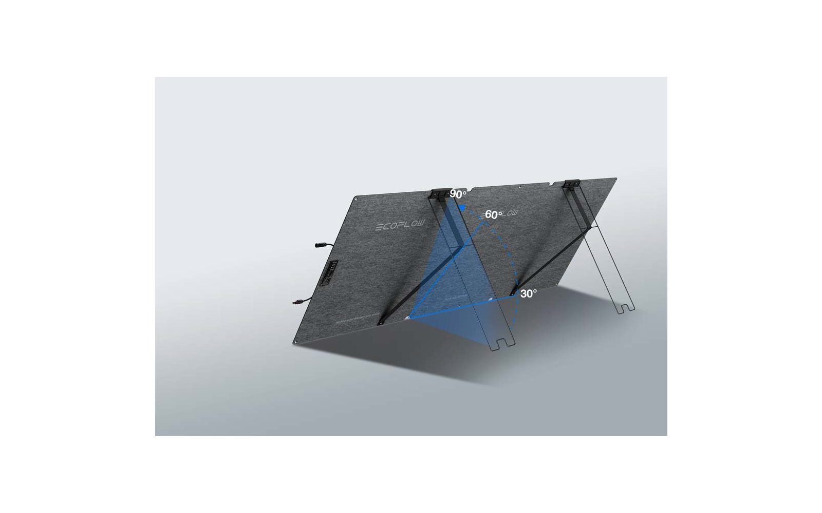 Drei graue Solarmodule, auf grauem Boden stehend, mit blauer Rückseite sichtbar