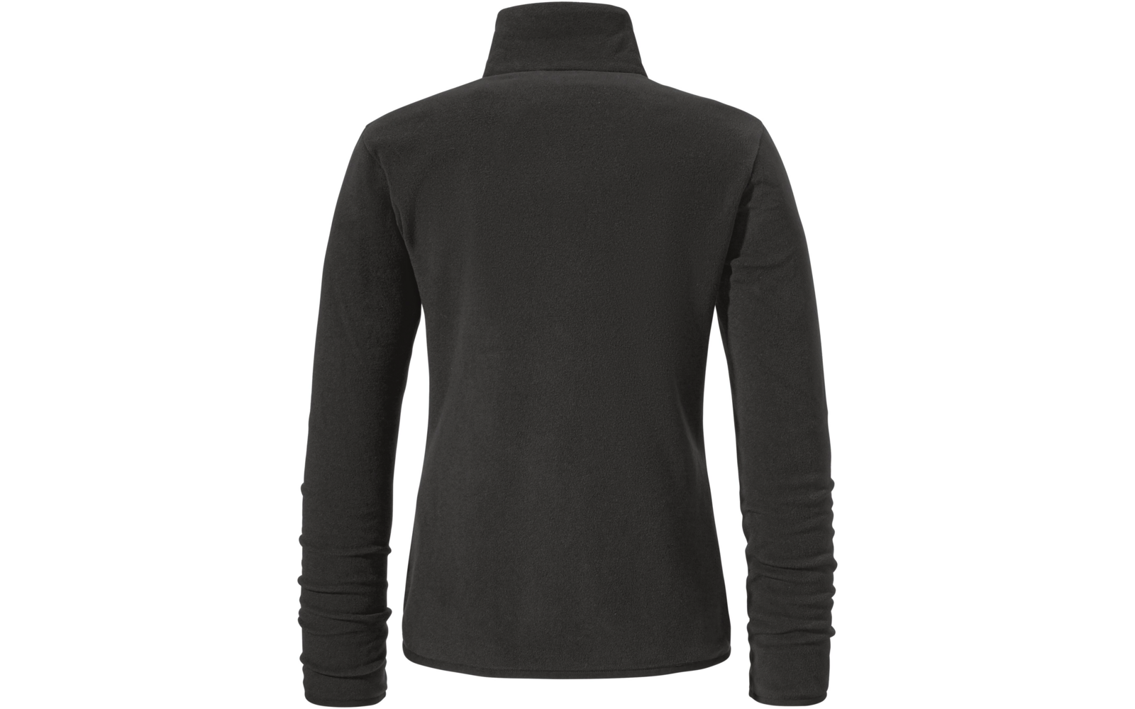 Rückansicht einer schwarzen Fleecejacke mit Stehkragen und langen Ärmeln