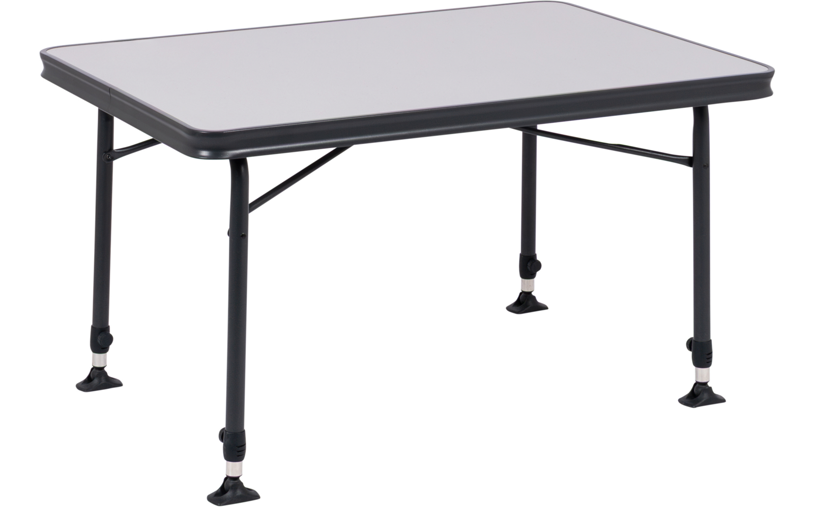 Rechteckiger Tisch mit hellgrauer Tischplatte, schwarzem Kunststoffrand, schwarzem Metallgestell, vier Beinen mit runden Füßen und Querstreben