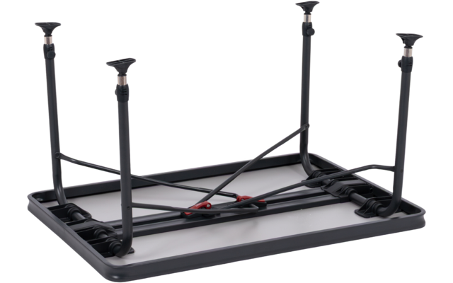 Rechteckige graue Platte mit schwarzem Rand, vier schwarze Beine nach oben gedreht, Metallstreben und roter Clip