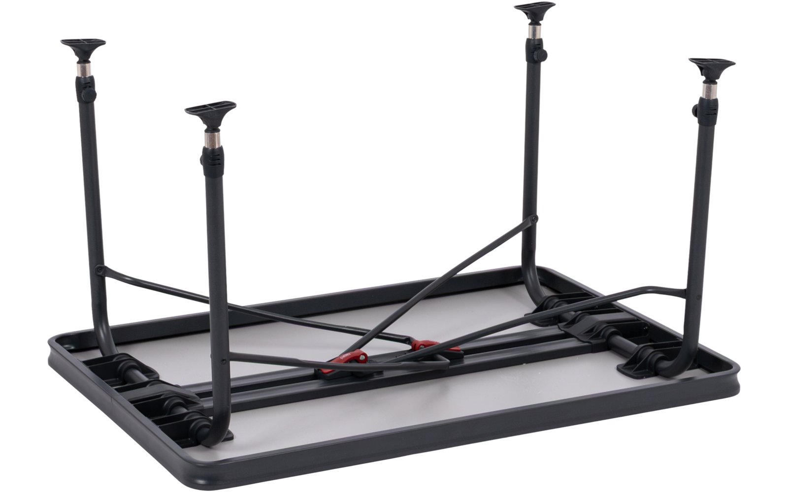 Rechteckige graue Platte mit schwarzem Rand, vier schwarze Beine nach oben gedreht, Metallstreben und roter Clip