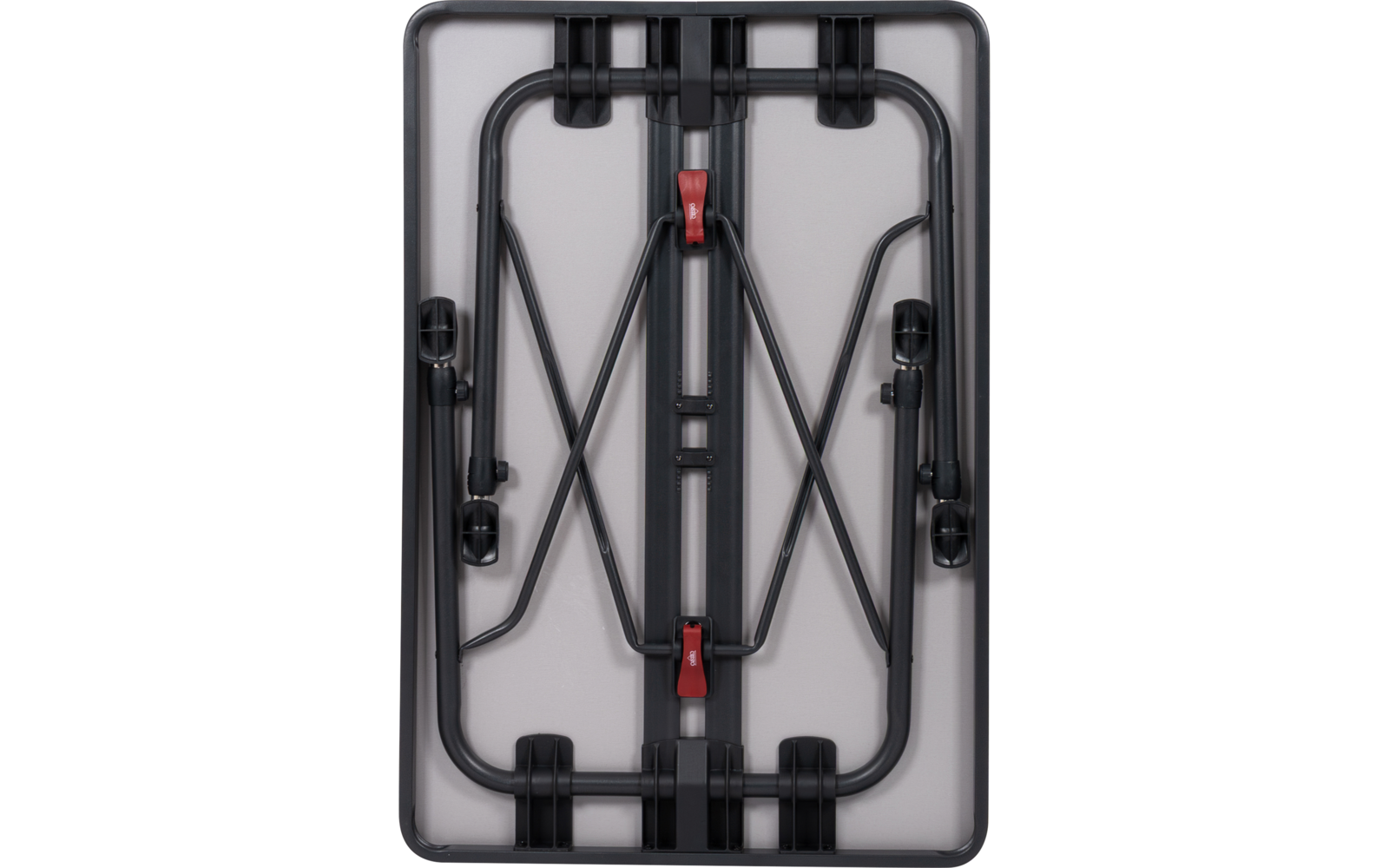 Rechteckige graue Platte mit eingeklapptem schwarzen Metallgestell, Kreuzstreben und zwei roten Clips