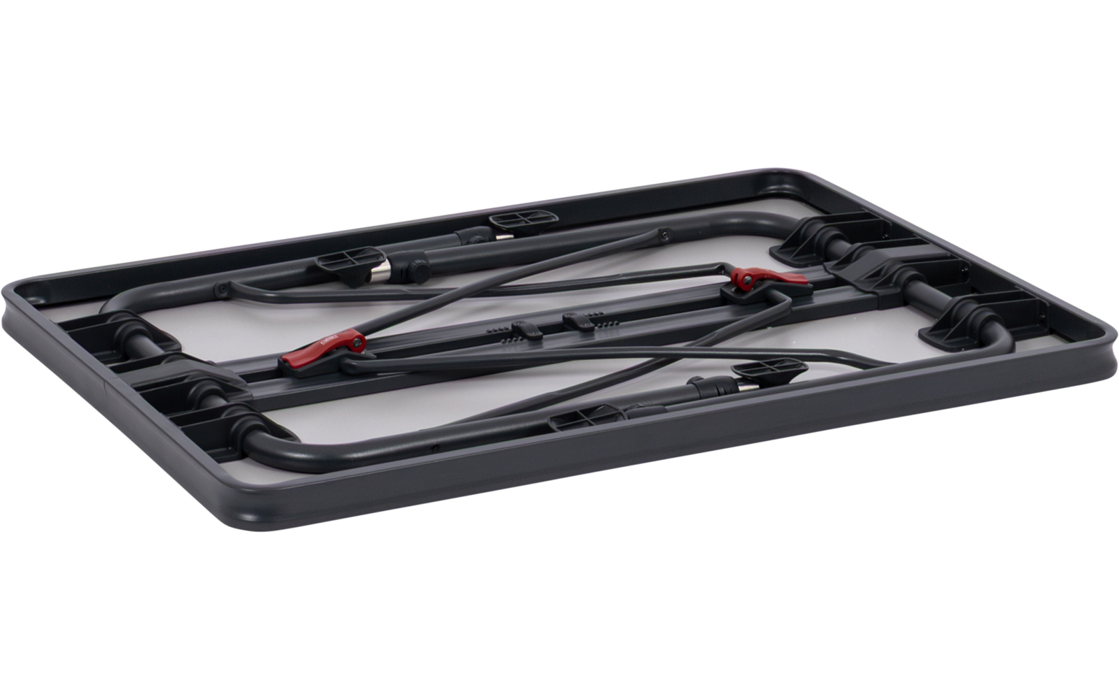 Schwarzer, flacher rechteckiger Rahmen mit mehreren verbundenen Metallstangen und roten Klemmen auf weißem Hintergrund