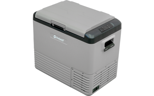 Appareil portable rectangulaire gris avec couvercle, poignée latérale, panneau de commande sur le bord supérieur, grille de ventilation en bas à droite et logo «Outwell» sur le côté