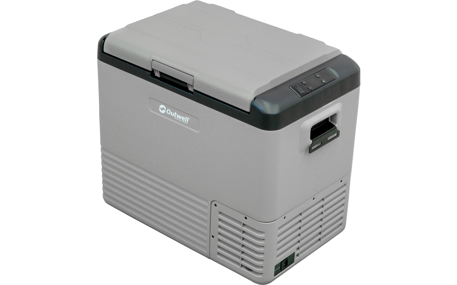 Appareil portable rectangulaire gris avec couvercle, poignée latérale, panneau de commande sur le bord supérieur, grille de ventilation en bas à droite et logo «Outwell» sur le côté