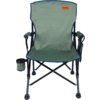 Chaise de camping pliable en tissu vert avec structure métallique noire, accoudoirs, porte-gobelet sur un côté, poche latérale et logo rectangulaire orange "TAMBU" sur le haut du dossier